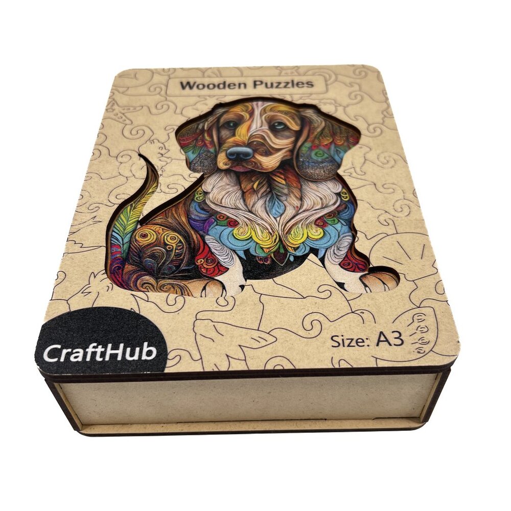 CraftHub Dachsund Sausage Dog Boho Wooden Jigsaw Puzzle w/Wooden Box Sz‎ A3 (L) - Picture 3 of 6